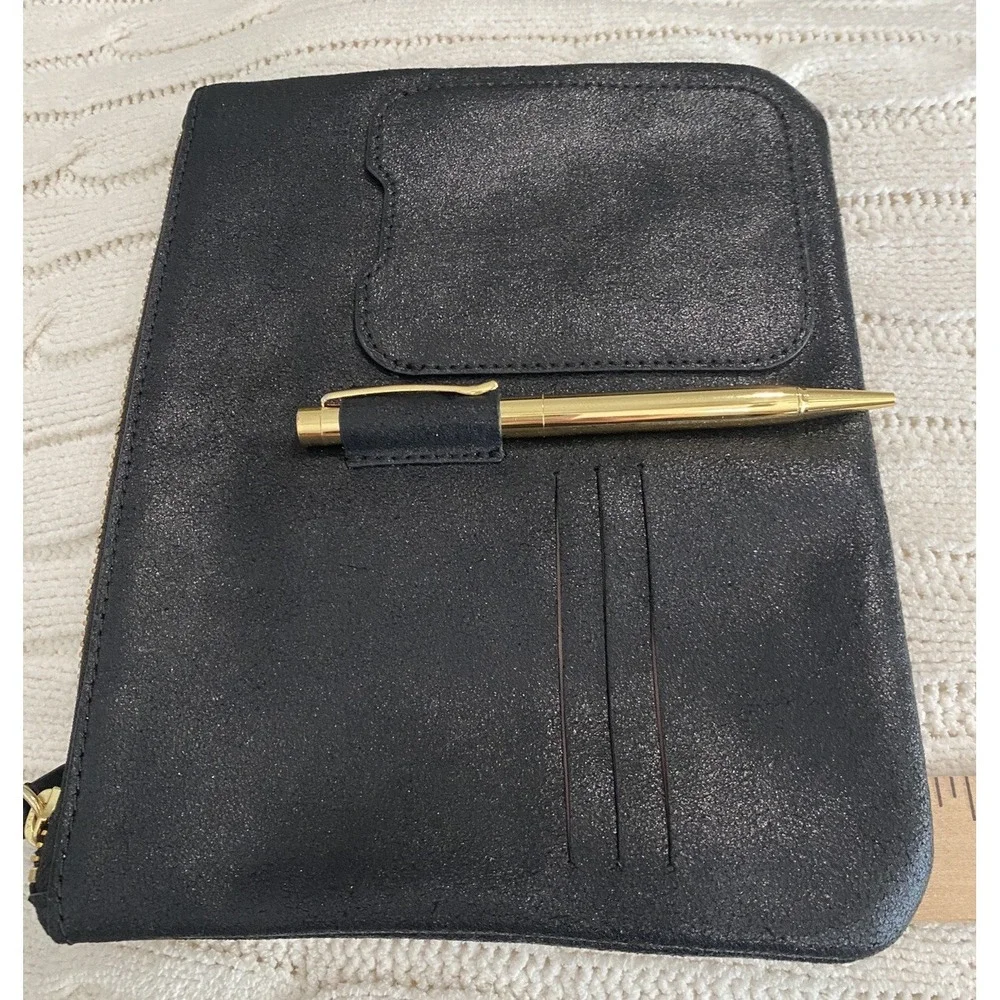 Anthropologie Black Leather Purse Organizer‎ Card Slot Pen Zipper